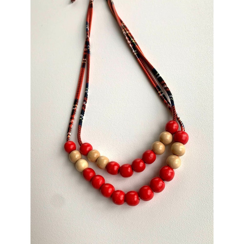 The Jones Market Red Plaid Teething Fabric and Wood Necklace - Natural/Red